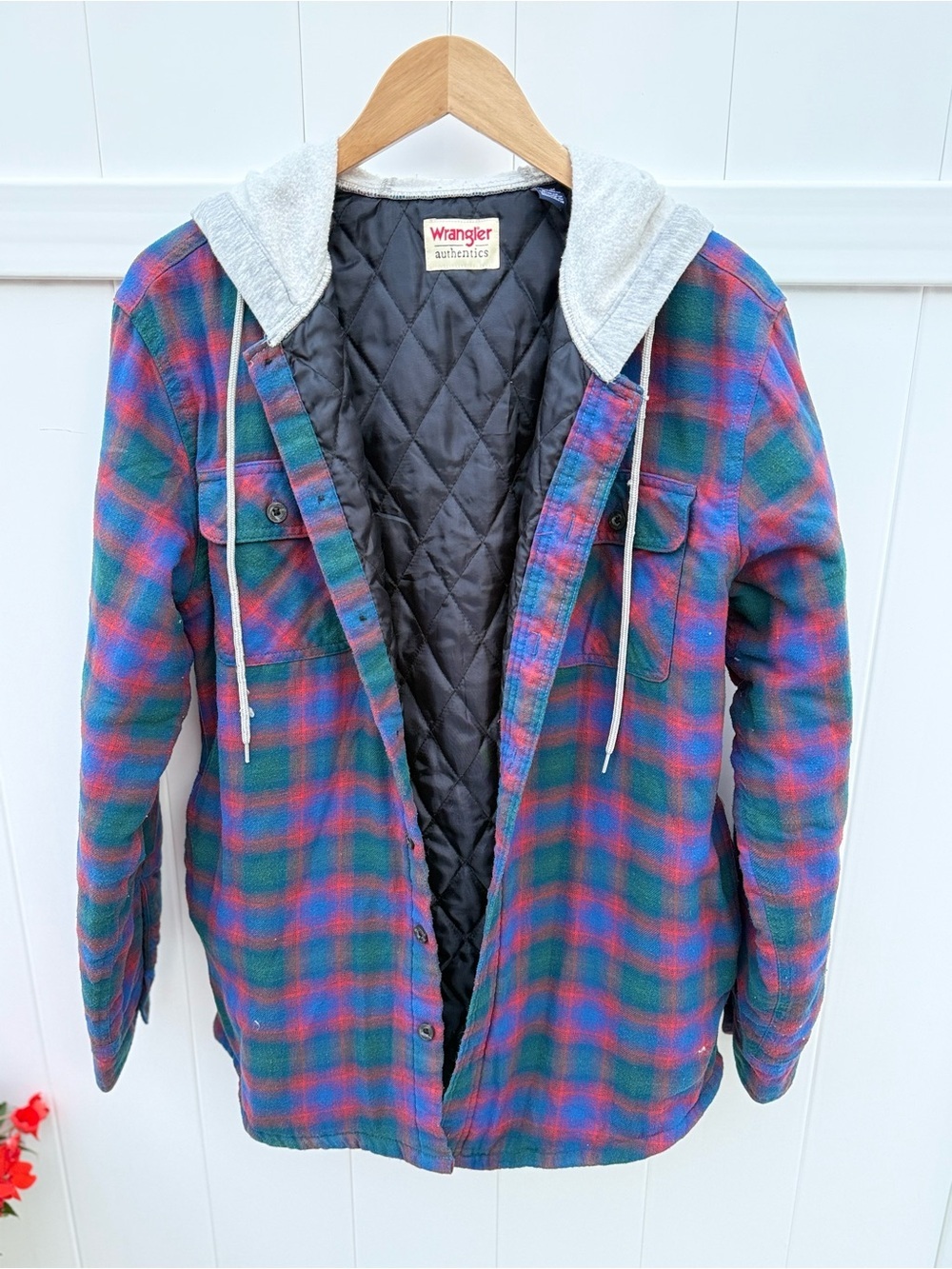 Vintage Wrangler Quilted Hooded Plaid Shacket in Blue, Green, Red